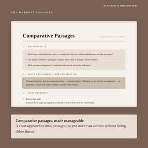May include: A brown educational study guide titled Comparative Passages with white text. It outlines strategies for analyzing dual texts, including recognizing relationships, identifying correct answer criteria, and avoiding common trap patterns.