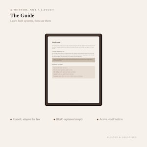Op de afbeelding: Een digitaal document getiteld The Guide met de ondertitel A METHOD, NOT A LAYOUT. De pagina bevat een Welcome-sectie, Cornell, adapted for law en The IRAC case brief. Hieronder staan drie opsommingstekens: Cornell, adapted for law, IRAC explained simply en Active recall built in. In de rechterbenedenhoek staat de tekst ALIGNED & ORGANISED.