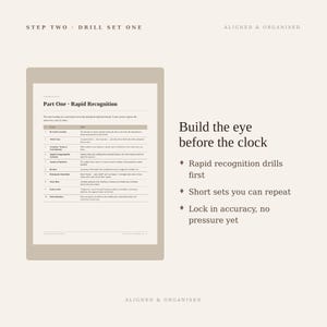 May include: A digital document page titled Step Two Drill Set One Aligned & Organised. It features a table for Part One Rapid Recognition with ten logical fallacies. Text on the right reads Build the eye before the clock with three bullet points.