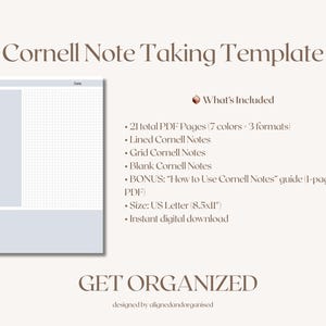 May include: A digital Cornell Note Taking Template with a light blue and white design. The image includes a sample note page and a list of included items, such as lined, grid, and blank notes, and a bonus guide. The text "GET ORGANIZED" is also visible.