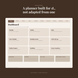 May include: A digital planner dashboard interface with a dark brown background and light beige cards. The text reads: "A planner built for 1L, not adapted from one," "Dashboard," and includes sections for Monthly, Weekly, Daily, Class Schedule, Reading Tracker, Cold-Call Log, Outline Progress, Deadlines, and Exam Countdown.