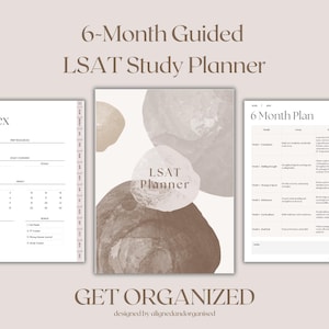 May include: A 6-Month Guided LSAT Study Planner with a neutral color palette. The planner includes an index, study overview, and a 6-month plan. The cover features abstract watercolor-style shapes. Text includes "LSAT Planner" and "Get Organized".