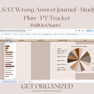 Può includere: Un piano di studio digitale per il LSAT, con un foglio di calcolo per il monitoraggio delle risposte e un grafico a torta che visualizza i tipi di domande errate. Il testo sull'immagine recita "LSAT Wrong Answer Journal + Study Plan + PT Tracker Built in Charts!" e "GET ORGANIZED".