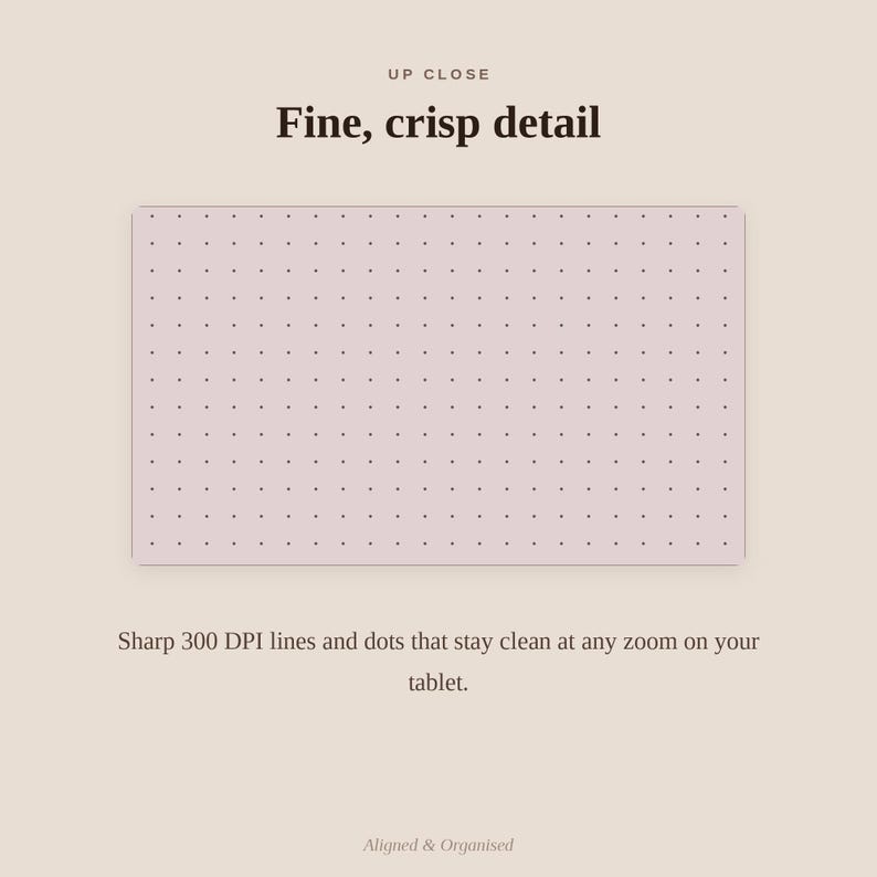 Puede incluir: Una p&aacute;gina de planificador digital rectangular con fondo rosa claro que presenta una cuadr&iacute;cula de puntos de color marr&oacute;n oscuro espaciados uniformemente. El texto dice: UP CLOSE, Fine, crisp detail, y Sharp 300 DPI lines and dots that stay clean at any zoom on your tablet.