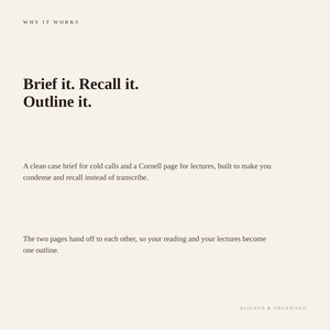 Op de afbeelding: Een lichtbeige informatieve afbeelding met donkerbruine tekst. De kop luidt WHY IT WORKS. De hoofdtekst zegt: Brief it. Recall it. Outline it. A clean case brief for cold calls and a Cornell page for lectures. ALIGNED & ORGANISED.