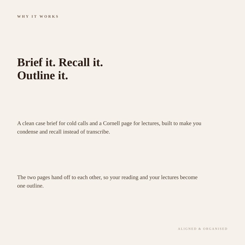 Op de afbeelding: Een lichtbeige informatieve afbeelding met donkerbruine tekst. De kop luidt WHY IT WORKS. De hoofdtekst zegt: Brief it. Recall it. Outline it. A clean case brief for cold calls and a Cornell page for lectures. ALIGNED & ORGANISED.
