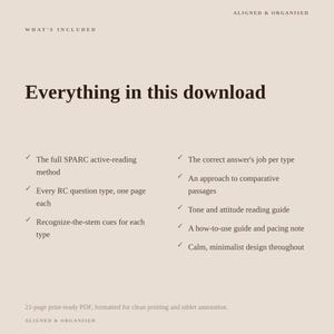 May include: A digital document titled Everything in this download, featuring the text ALIGNED & ORGANISED, WHAT'S INCLUDED, and a list of contents including the SPARC active-reading method, RC question types, and a 21-page print-ready PDF format.
