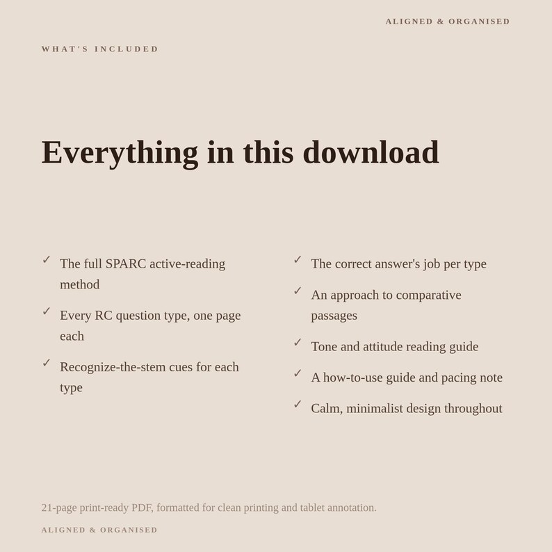 May include: A digital document titled Everything in this download, featuring the text ALIGNED & ORGANISED, WHAT'S INCLUDED, and a list of contents including the SPARC active-reading method, RC question types, and a 21-page print-ready PDF format.