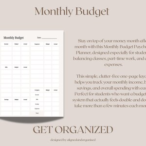 May include: A beige-toned printable monthly budget planner with a grid layout for tracking income, expenses, and savings. The text "Monthly Budget" is at the top, with "Get Organized" at the bottom. Designed by alignedandorganised.