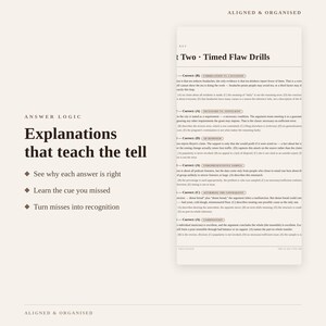 May include: A study guide page titled Part Two Timed Flaw Drills featuring answer logic explanations. The text includes headings like Correlation vs Causation, Necessary vs Sufficient, Ad Hominem, Unrepresentative Sample, Affirming the Consequent, and Composition.