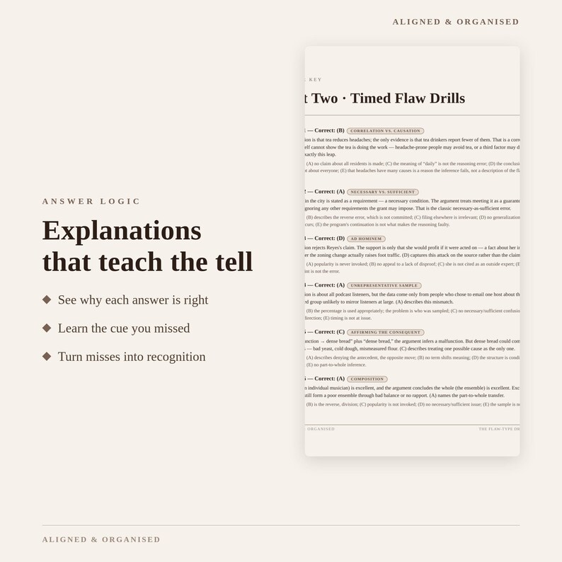 May include: A study guide page titled Part Two Timed Flaw Drills featuring answer logic explanations. The text includes headings like Correlation vs Causation, Necessary vs Sufficient, Ad Hominem, Unrepresentative Sample, Affirming the Consequent, and Composition.