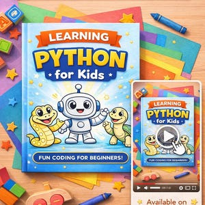 May include: A colorful image promoting "Learning Python for Kids." The cover features a robot, a snake, and a turtle. The text "FUN CODING FOR BEGINNERS!" is also visible. A smaller version of the book and a video player are also shown. Available on Etsy.