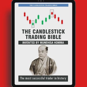 May include: A tablet displays "The Candlestick Trading Bible" with a chart of red and green candlesticks. Below the title is "Invented by Munehisa Homma" and a portrait. The text "The most successful trader in history" is at the bottom.