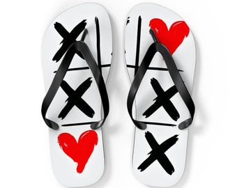 Tic Tac Toe Heart flip flops | Red Heart X O beach sandals