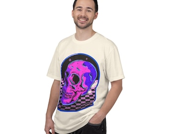 Neon Vaporwave Skull T-shirt | Retro Checkerboard Nightscape