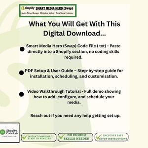 Shopify Smart Media Hero (Swap) product image listing what’s included in the digital download. Text lists: Smart Media Hero code file (.txt) to paste into Shopify, PDF setup and user guide for installation and scheduling, and a video walkthrough tutorial. Includes icons for instant download, no coding skills needed, and easy setup.