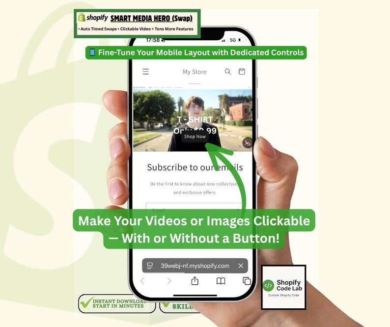 Shopify Smart Media Hero (Swap) section — example showing a mobile Shopify store with a clickable video banner and ‘Shop Now’ button. Text highlights fine-tune mobile layout controls and the ability to make videos or images clickable with or without a button.