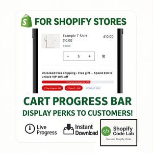 May include: A mock-up of a Shopify store on a smartphone screen, showcasing a cart progress bar. The screen displays a white t-shirt priced at $10.00, with options to adjust the quantity. Text includes "Free shipping" and "Instant Download."