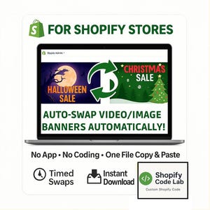 Peut inclure: Un écran d'ordinateur portable affiche une bannière publicitaire pour les boutiques Shopify, avec les textes "Halloween Sale" et "Christmas Sale". L'image promeut le changement automatique des bannières vidéo/images. Le texte supplémentaire comprend "No App, No Coding, One File Copy & Paste."