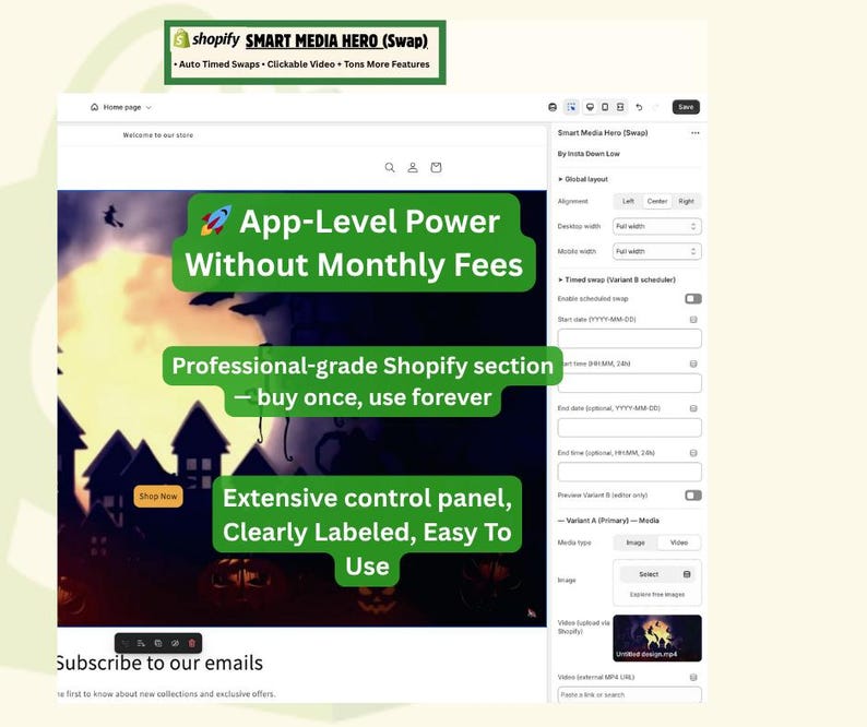 Shopify Smart Media Hero (Swap) section shown inside the Shopify theme editor. Text highlights features: app-level power without monthly fees, professional-grade Shopify section — buy once, use forever, and an extensive, clearly labeled control panel for easy customization.