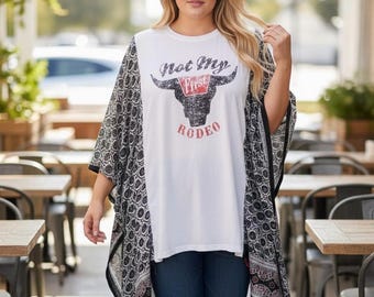 Upcycled Boho Western Tunic, White Longhorn Graphic Tee, Scarf Sleeves, Plus Size