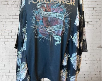 Upcycled Foreigner Rock Graphic Tunic, Floral Skull Scarf Butterfly Sleeves, boho Plus Size