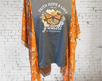 Upcycled Boho Christian Tunic, Floral Paisley Scarf Sleeves, Plus Size