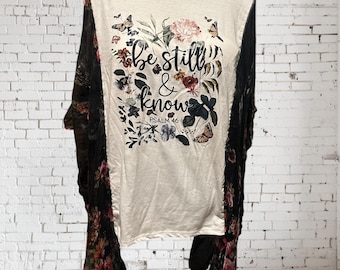 Upcycled Butterfly Graphic Tshirt, Boho Scripture Tunic,  Floral Scarf Sleeves, Plus Size One Size