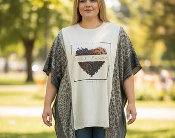Upcycled Boho Top, Off-White Heart Graphic Tee, Leopard Striped Scarf Sleeves, Plus Size