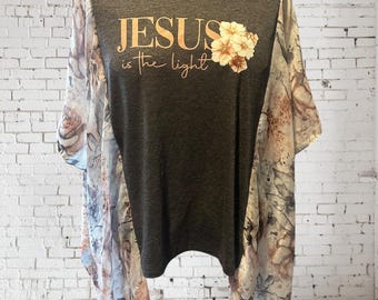 Upcycled Boho Floral Tunic, Faith Tee, Sheer Scarf Sleeves, One Size Plus Size