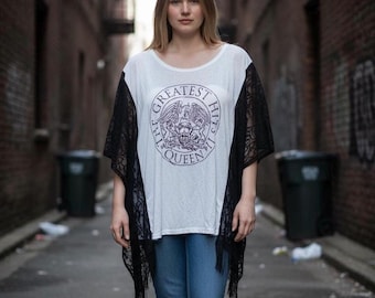 Upcycled Queen Graphic Tshirt Tunic, Black Boho Lace Sleeves, Plus Size One Size