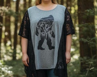 Upcycled Big Foot Boho Tunic, Graphic Tee, Lace Scarf Sleeves, Plus Size One Size