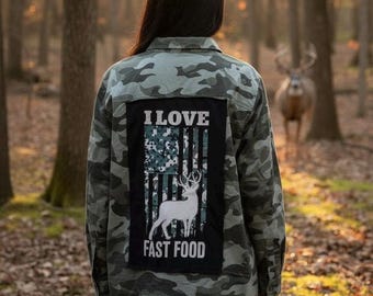 Handmade Upcycled Deer Camo Shirt, Distressed Button-Down with Patriotic Back Patch, Women’s XXL