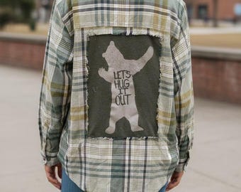 Handmade Upcycled Bear Reverse Appliqué Flannel Shirt, Size XL