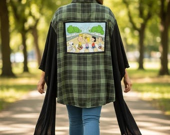 Upcycled Peanuts Flannel Shirt, Black Rayon Butterfly Sleeves, Plus Size