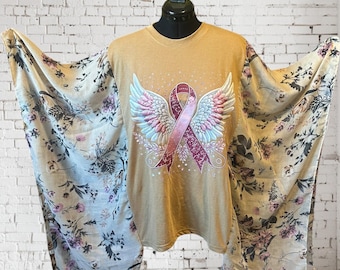 Upcycled Pink Ribbon Tunic, Boho Scarf Sleeves, Cancer Awareness Tee, One Size Plus Size