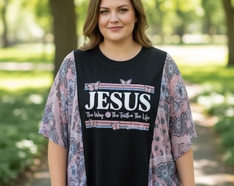Upcycled Christian Tunic, Black Faith Graphic Tee, Butterfly Scarf Bogo Sleeves, Plus Size