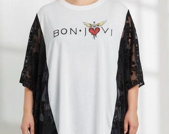 Upcycled Bon Jovi Tunic, Black Velvet Scarf Sleeves, Rock Tee, Plus Size One Size