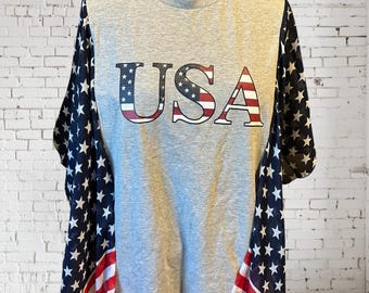 Upcycled USA Patriotic Boho Tunic, American Flag Butterfly Sleeves, Plus Size One Size