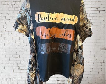 Upcycled Inspirational Black Boho Tunic, Graphic Tee Butterfly Scarf Sleeves, Plus Size One Size