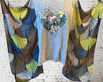 Upcycled Adventure Boho Tunic, Gray Nature Graphic Tee, Ginkgo Leaf Scarf Sleeves, Plus Size