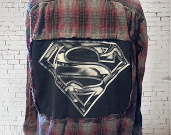 Handmade Upcycled Superman Flannel Shirt with Large reverse appliqué of Superman Logo, Men’s XL