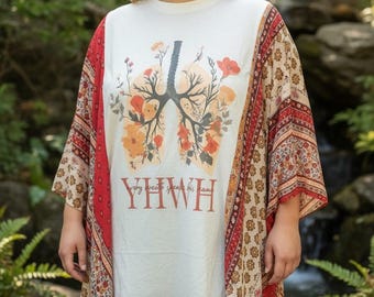 Upcycled Boho Tunic, Faith Graphic Tee, Scarf Butterfly Sleeves, Plus Size One Size