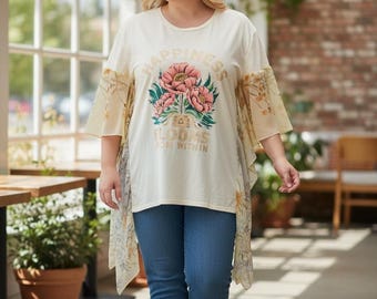 Upcycled Boho Tunic, Yellow Floral Graphic Tee, Chiffon Butterfly Sleeves, Plus Size M-2X