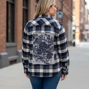 Handmade Upcycled Boho Flannel Shirt, Inspirational Reverse Appliqué , Women’s XL