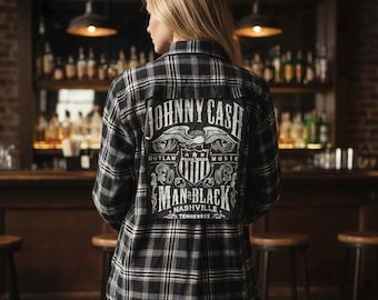 Upcycled Johnny Cash Flannel Shirt, Women's XL, Reverse Appliqué