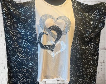 Upcycled Heart Boho Tunic, Graphic Tee, Butterfly Sleeves, Plus Size One Size