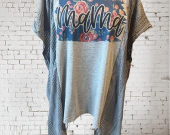 Upcycled Mama Tunic, Boho Floral Graphic Tee, Fringe Scarf Sleeves, One Size Plus Size