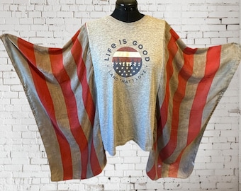 Upcycled American Flag Tunic, Plus Size Patriotic Boho Graphic Tee