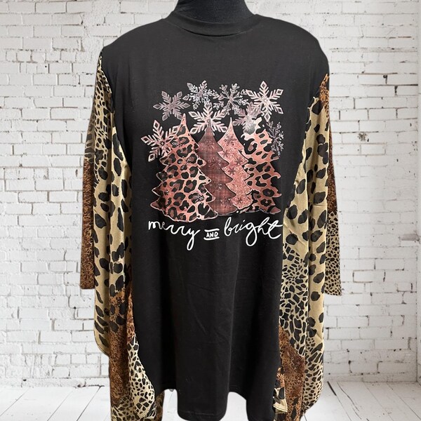 Túnica navideña bohemia reciclada, mangas de mariposa con estampado de leopardo, talla grande